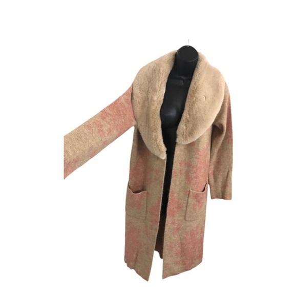 Tan & pink glam oversized faux fur collar open front long cardigan size small - Picture 13 of 14